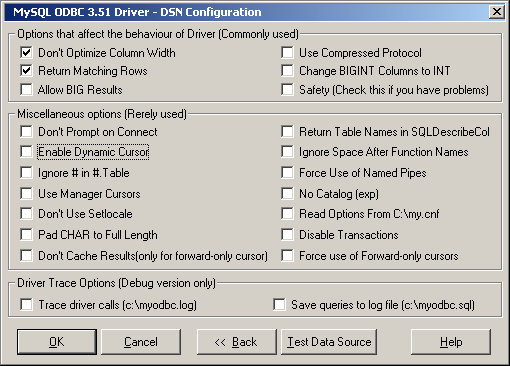 MyODBC Options Dialog